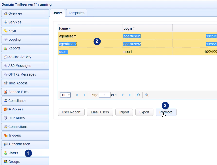 promote users from one mft server to another - select users